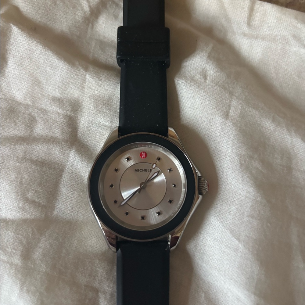 Authentic Michele watch with black leather band.